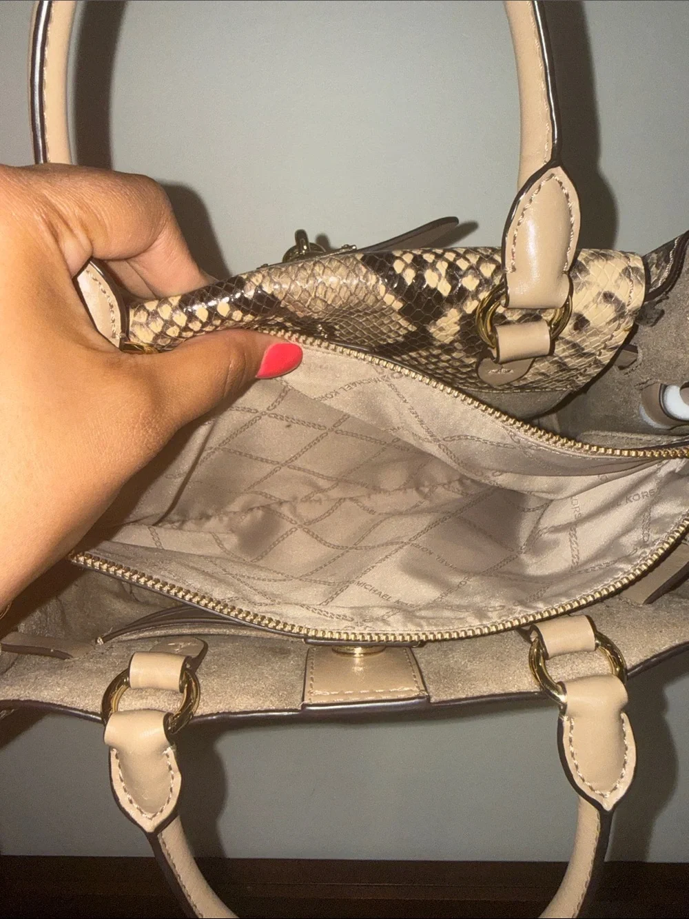 Michael Kors Tan Snake-Print Satchel with Gold Hardware